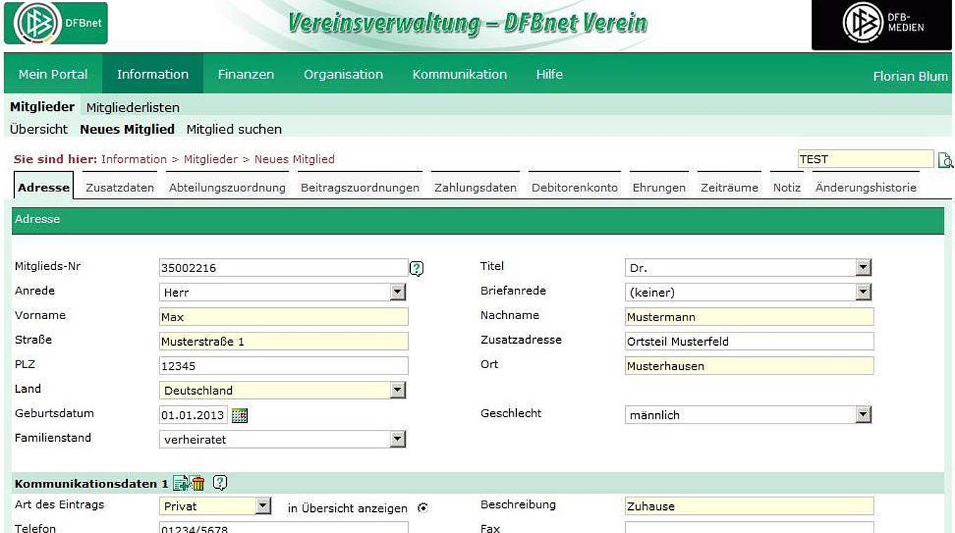 Eine übersichtliche Eingabemaske erwartet die Benutzer bei der Erfassung bzw. Änderung von Mitgliedsdaten. © DFB