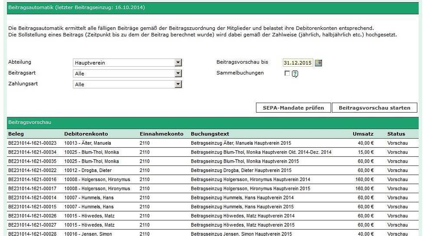 Mit wenigen Klicks erstellen Sie die gewünschten Beitragseinzüge inklusive SEPA-Datei © DFB